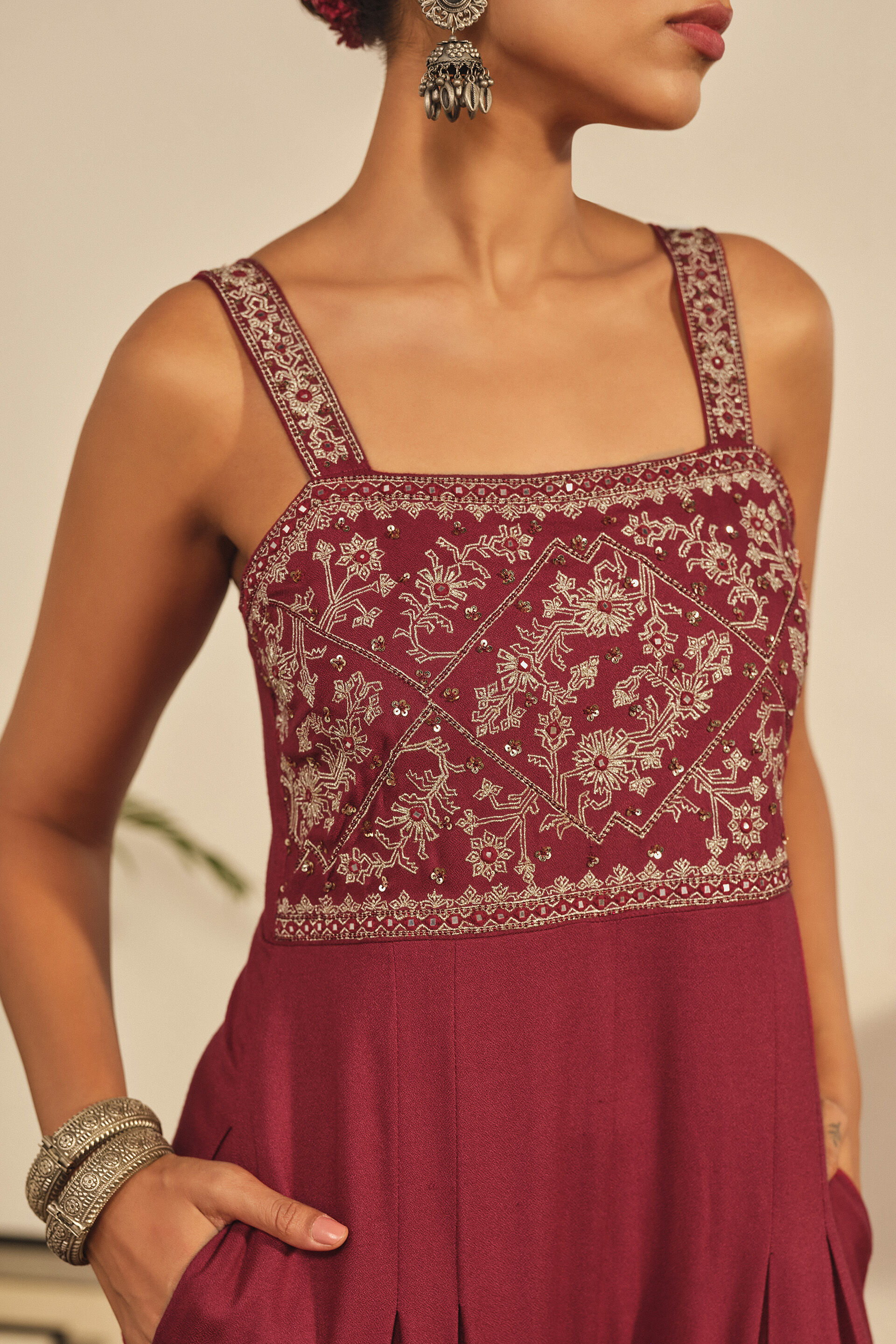 Embroidered Jumpsuit in Maroon, Maroon, image 2